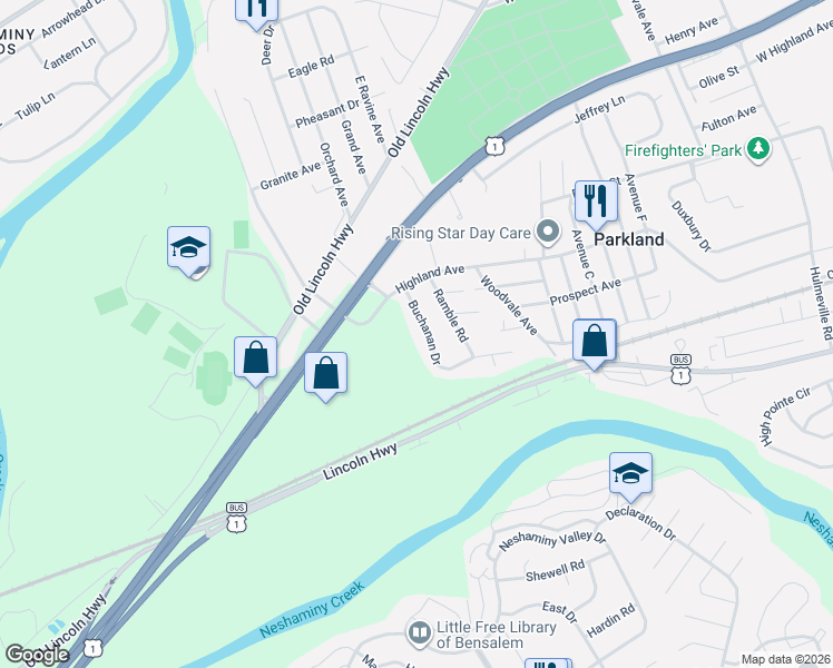 map of restaurants, bars, coffee shops, grocery stores, and more near 946 Buchanan Drive in Langhorne