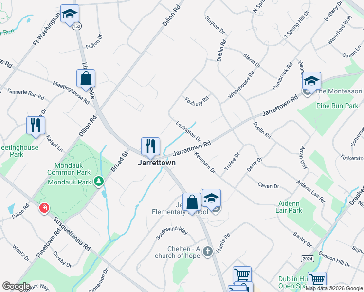 map of restaurants, bars, coffee shops, grocery stores, and more near 1554 Jarrettown Road in Dresher