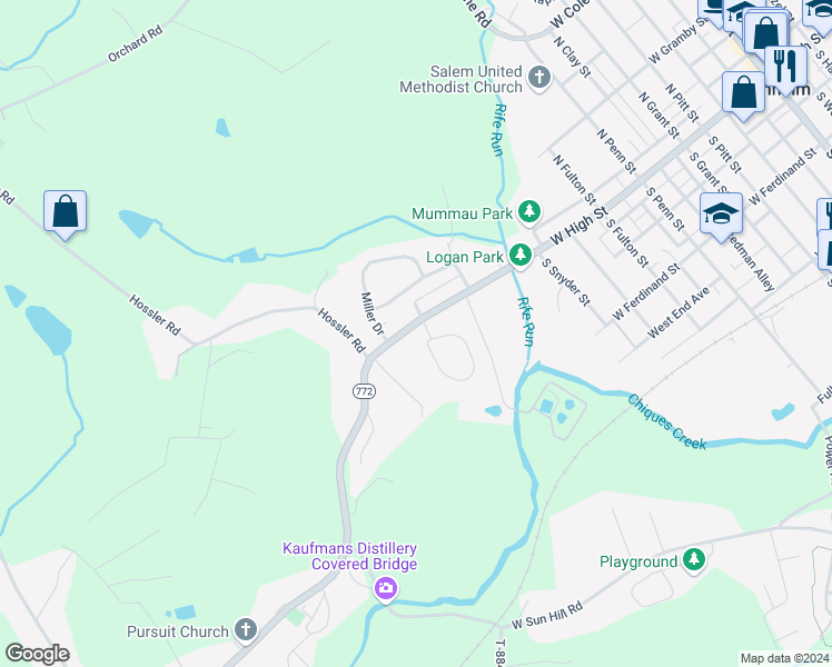 map of restaurants, bars, coffee shops, grocery stores, and more near 707 West High Street in Manheim