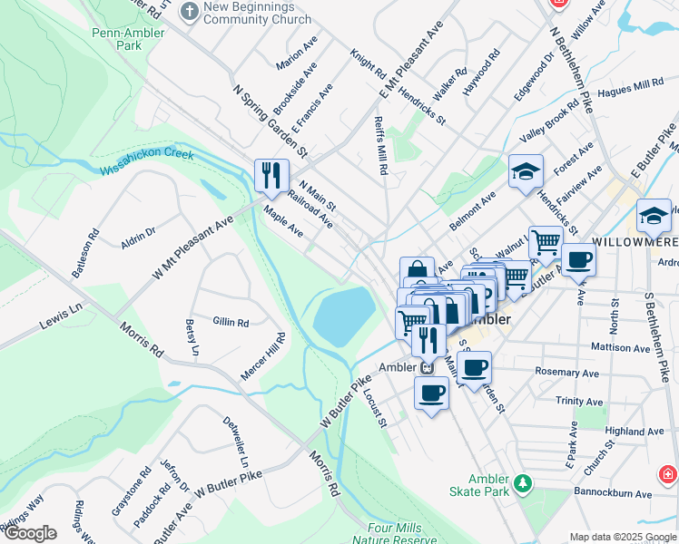 map of restaurants, bars, coffee shops, grocery stores, and more near 228 Maple Avenue in Ambler