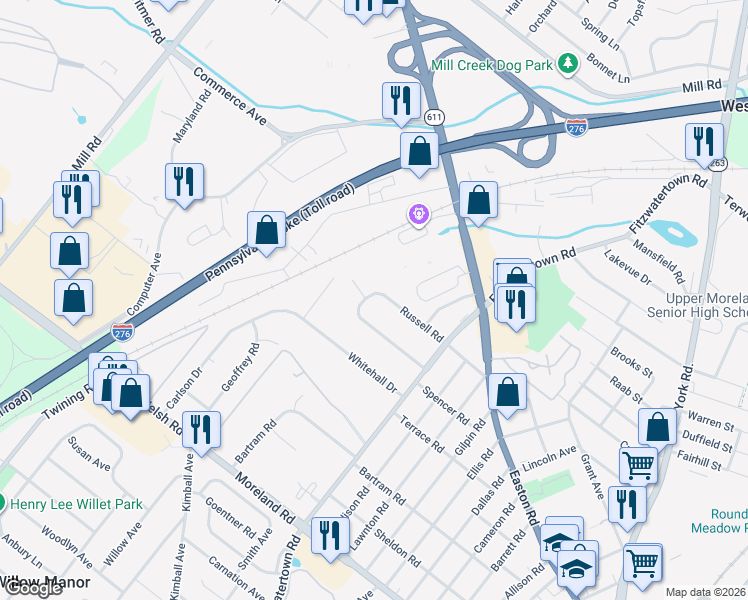 map of restaurants, bars, coffee shops, grocery stores, and more near 39 Russell Road in Willow Grove
