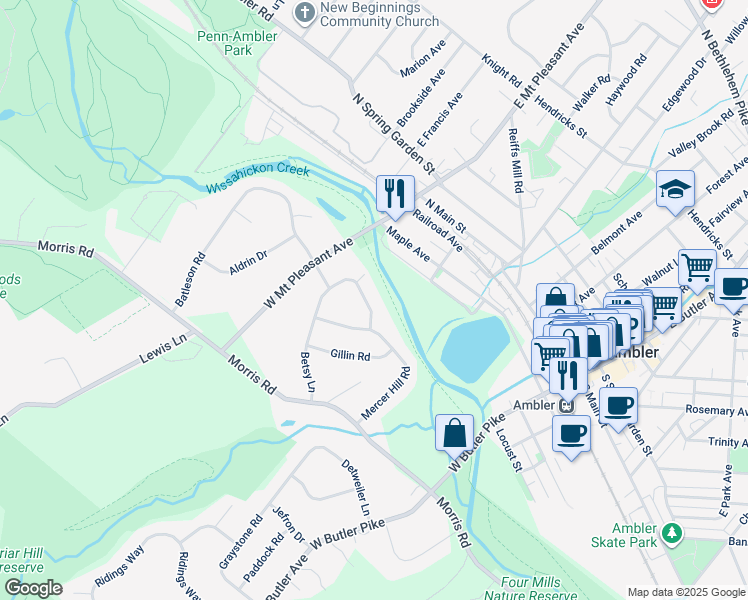 map of restaurants, bars, coffee shops, grocery stores, and more near 51 Betsy Lane in Ambler