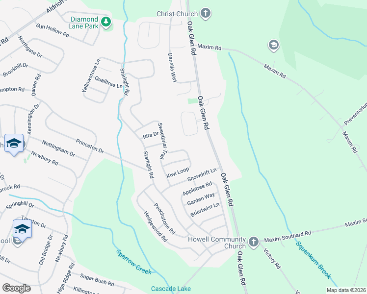 map of restaurants, bars, coffee shops, grocery stores, and more near 12 Kiwi Loop in Howell Township