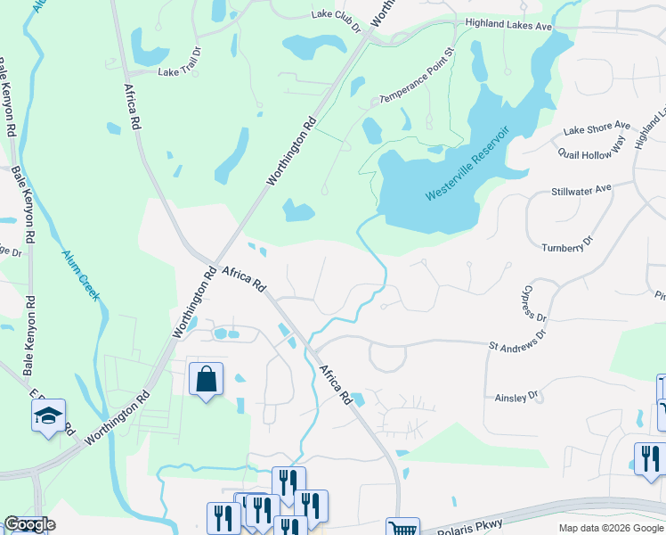 map of restaurants, bars, coffee shops, grocery stores, and more near 7215 Kimberly Drive in Westerville