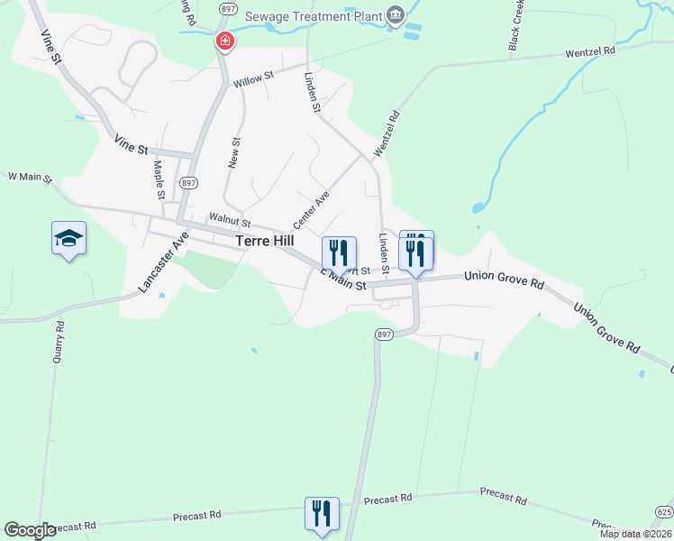 map of restaurants, bars, coffee shops, grocery stores, and more near 212 East Main Street in East Earl