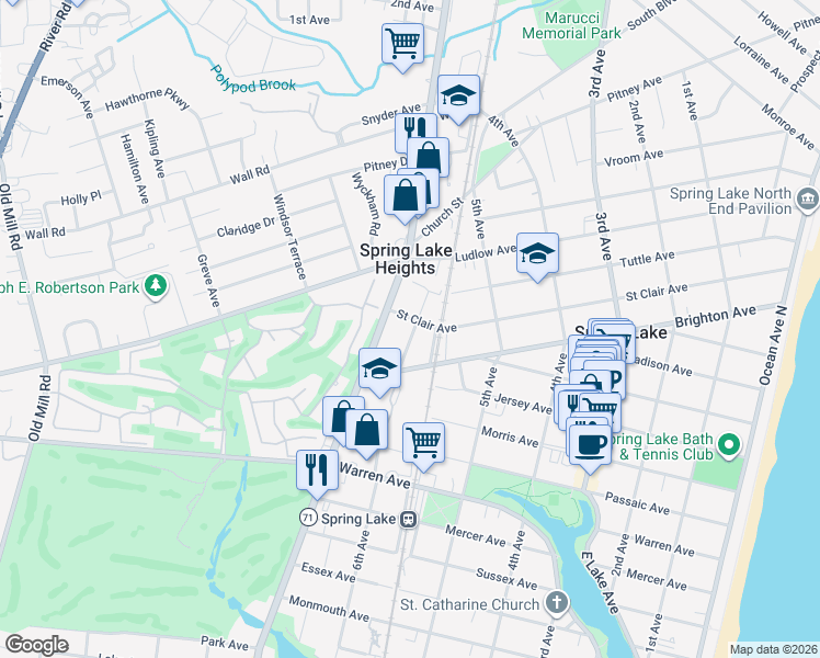 map of restaurants, bars, coffee shops, grocery stores, and more near 1721 Beverly Avenue in Spring Lake