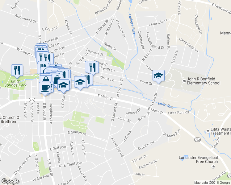map of restaurants, bars, coffee shops, grocery stores, and more near 14 N Locust St in Lititz