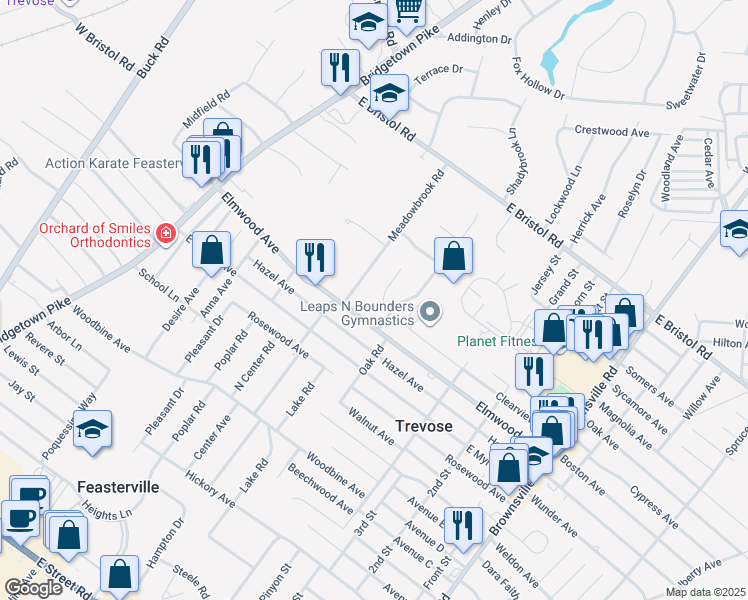 map of restaurants, bars, coffee shops, grocery stores, and more near 1807 Meadowbrook Road in Feasterville-Trevose