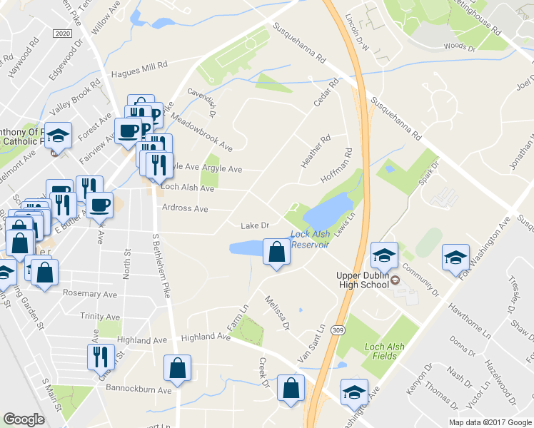 map of restaurants, bars, coffee shops, grocery stores, and more near 713 Loch Alsh Ave in Ambler