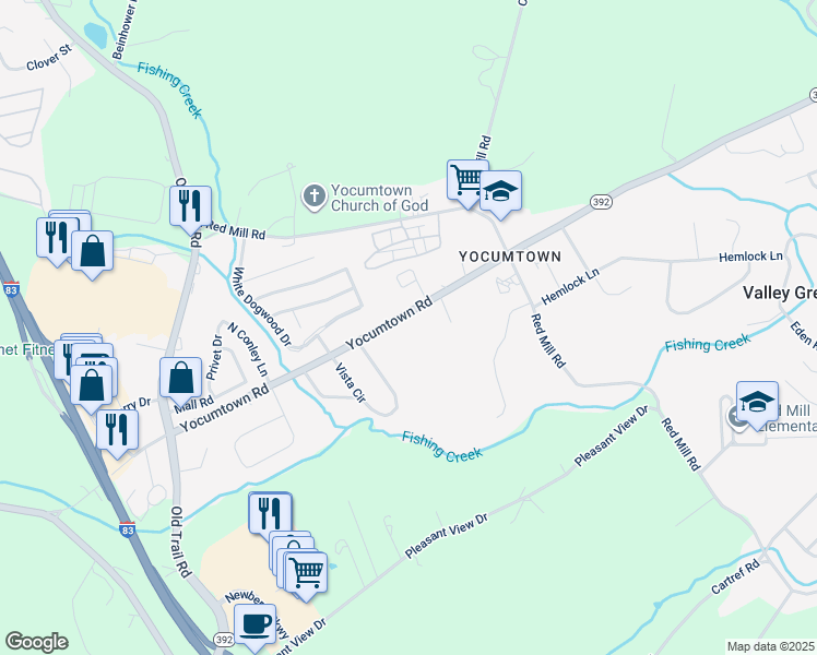 map of restaurants, bars, coffee shops, grocery stores, and more near 1260 Yocumtown Road in Valley Green