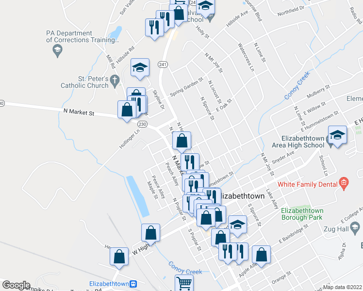 map of restaurants, bars, coffee shops, grocery stores, and more near 315 North Cherry Alley in Elizabethtown