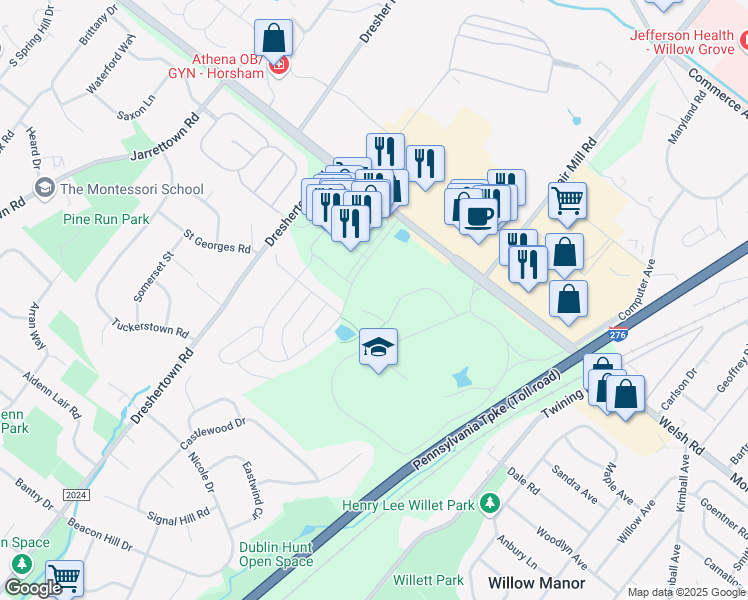 map of restaurants, bars, coffee shops, grocery stores, and more near 200 Dryden Road in Dresher