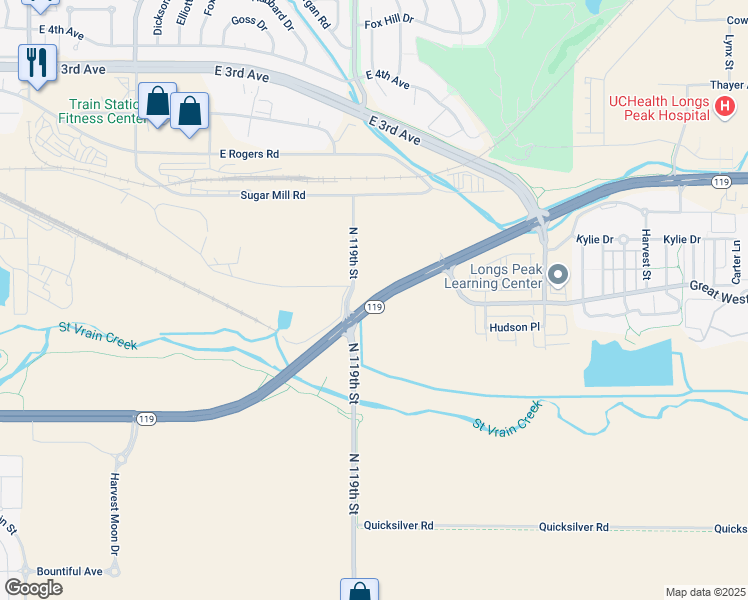 map of restaurants, bars, coffee shops, grocery stores, and more near East Ken Pratt Boulevard in Longmont