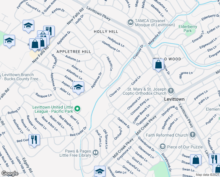 map of restaurants, bars, coffee shops, grocery stores, and more near 294 Crabtree Drive in Levittown