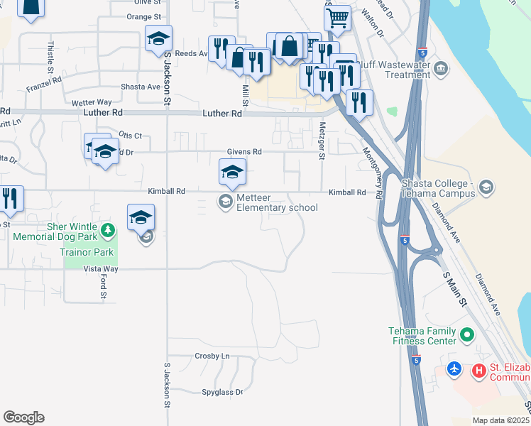 map of restaurants, bars, coffee shops, grocery stores, and more near 142 Brookridge Drive in Red Bluff
