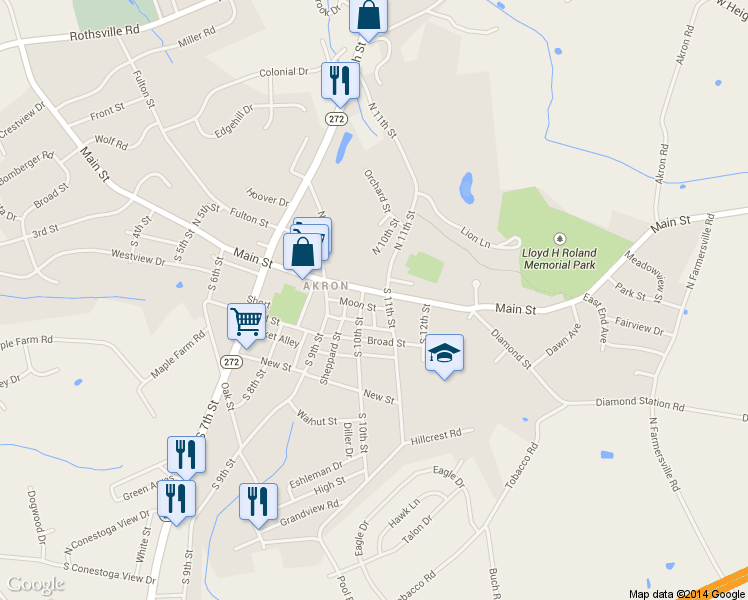 map of restaurants, bars, coffee shops, grocery stores, and more near 1014 Main St in Akron