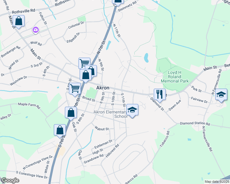 map of restaurants, bars, coffee shops, grocery stores, and more near 1014 Main Street in Akron