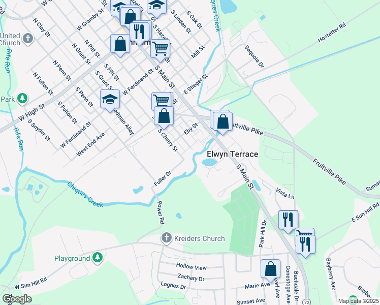 map of restaurants, bars, coffee shops, grocery stores, and more near 334 South Charlotte Street in Manheim