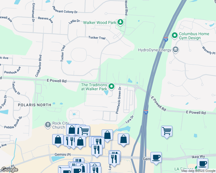 map of restaurants, bars, coffee shops, grocery stores, and more near 9197 Walker Park Drive in Columbus
