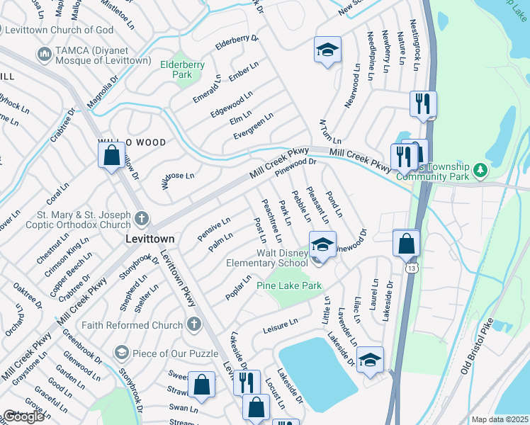 map of restaurants, bars, coffee shops, grocery stores, and more near 37 Peachtree Lane in Levittown
