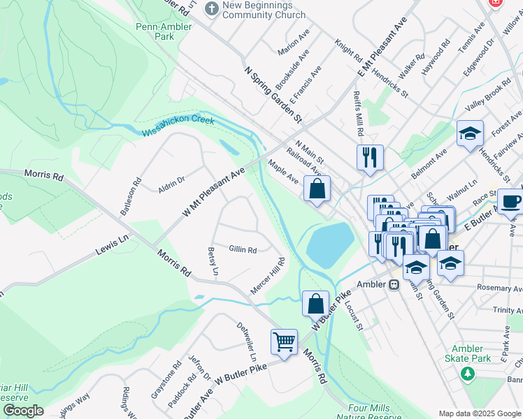 map of restaurants, bars, coffee shops, grocery stores, and more near 51 Betsy Lane in Ambler