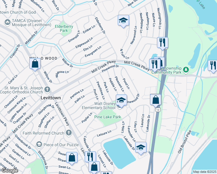 map of restaurants, bars, coffee shops, grocery stores, and more near 28 Park Lane in Levittown