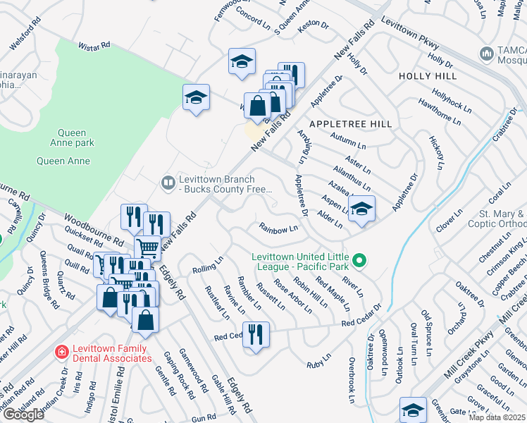 map of restaurants, bars, coffee shops, grocery stores, and more near 287 Red Cedar Drive in Levittown