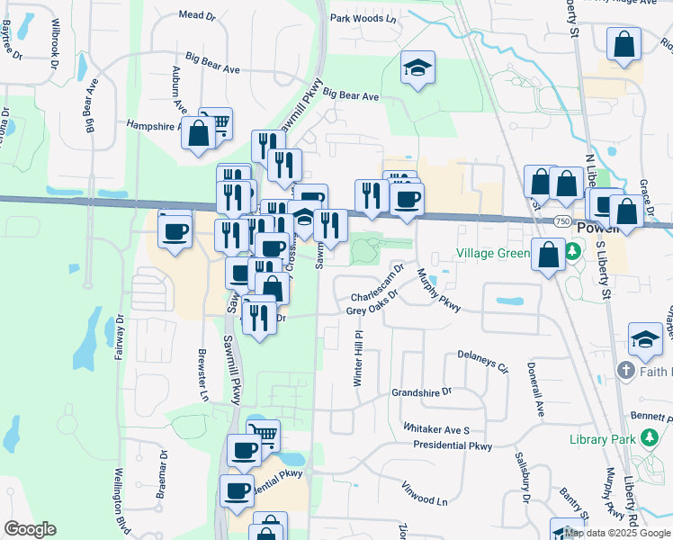 map of restaurants, bars, coffee shops, grocery stores, and more near 432 Charles Spring Drive in Powell