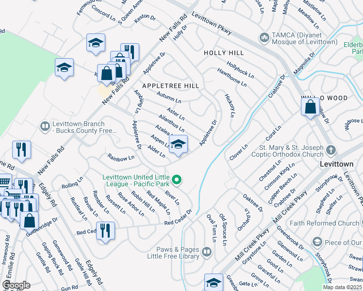 map of restaurants, bars, coffee shops, grocery stores, and more near 15 Azalea Lane in Levittown