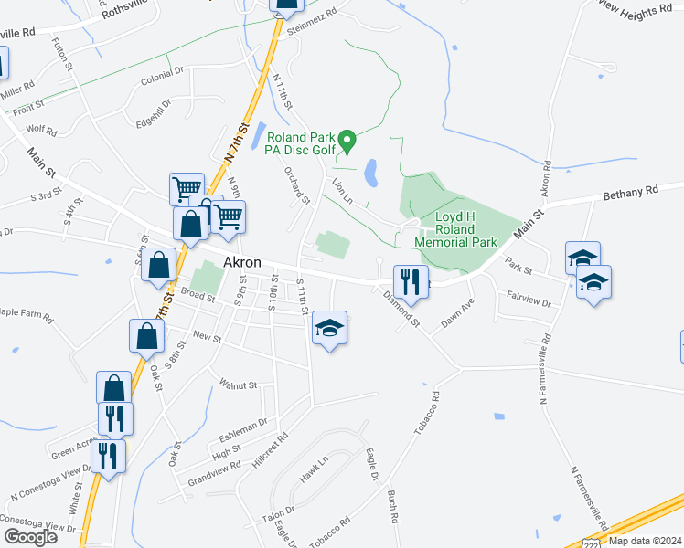 map of restaurants, bars, coffee shops, grocery stores, and more near 1141 Main Street in Akron