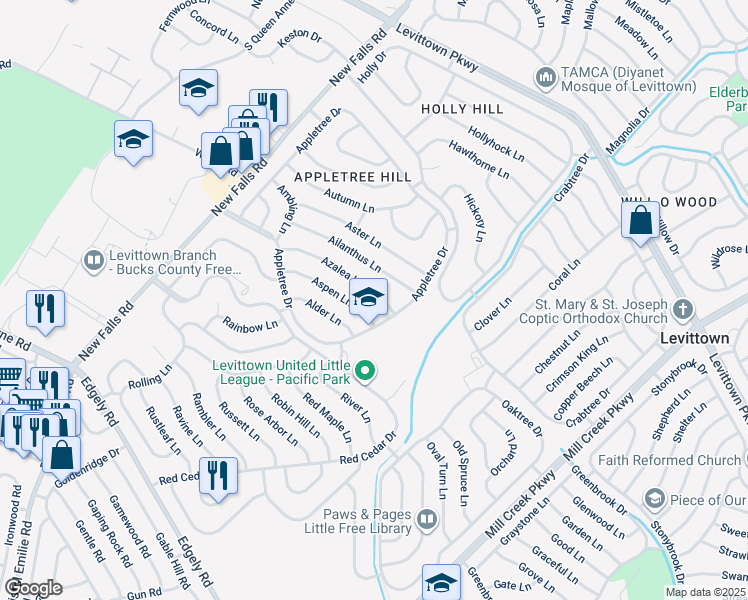 map of restaurants, bars, coffee shops, grocery stores, and more near 15 Azalea Lane in Levittown