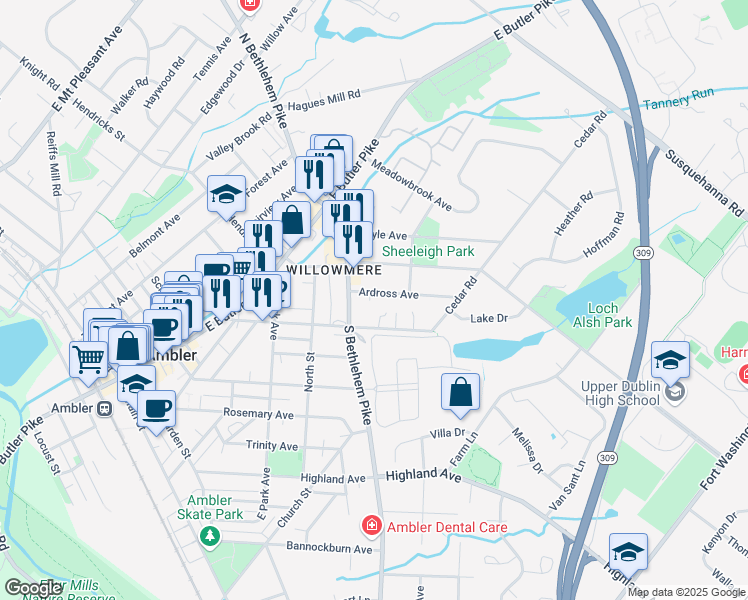 map of restaurants, bars, coffee shops, grocery stores, and more near 507 Ardross Avenue in Ambler