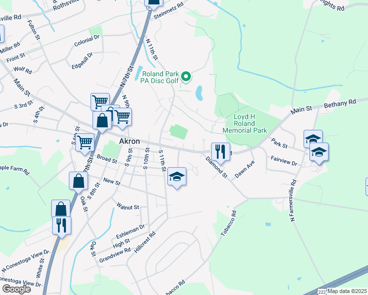 map of restaurants, bars, coffee shops, grocery stores, and more near 1141 Main Street in Akron