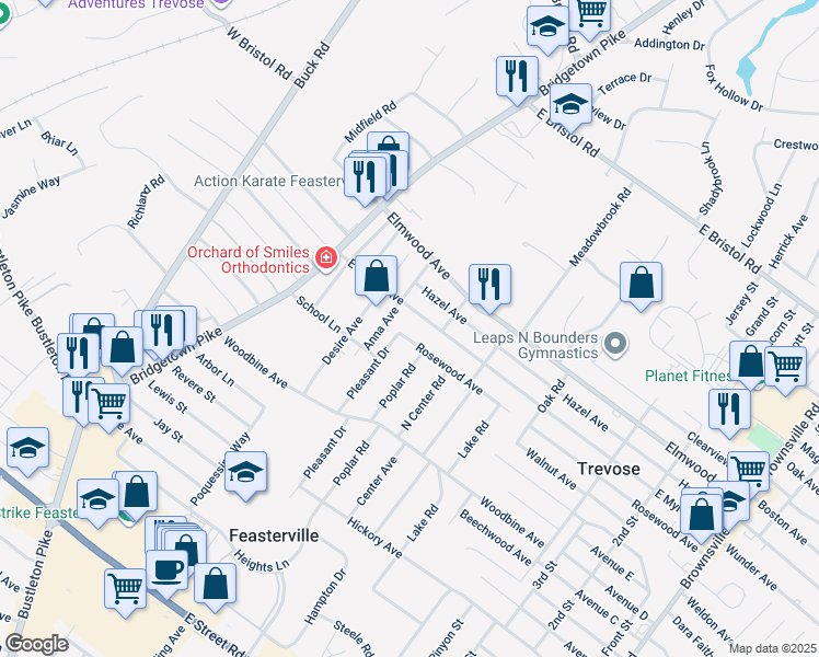map of restaurants, bars, coffee shops, grocery stores, and more near 124 Rosewood Avenue in Feasterville