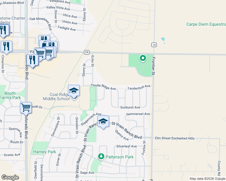 map of restaurants, bars, coffee shops, grocery stores, and more near 6700 Thistle Ridge Avenue in Longmont