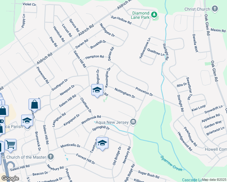 map of restaurants, bars, coffee shops, grocery stores, and more near 7 Nottingham Drive in Howell Township