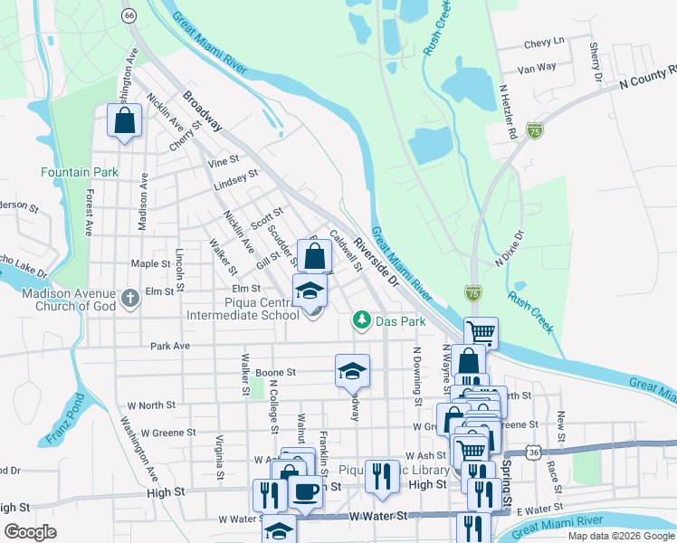map of restaurants, bars, coffee shops, grocery stores, and more near 1011 Broadway Street in Piqua