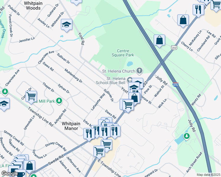 map of restaurants, bars, coffee shops, grocery stores, and more near 1518 Lafayette Way in Blue Bell