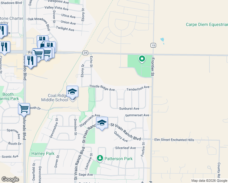 map of restaurants, bars, coffee shops, grocery stores, and more near 6700 Thistle Ridge Avenue in Longmont