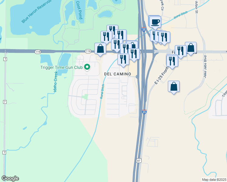 map of restaurants, bars, coffee shops, grocery stores, and more near 10910 Turner Boulevard in Longmont