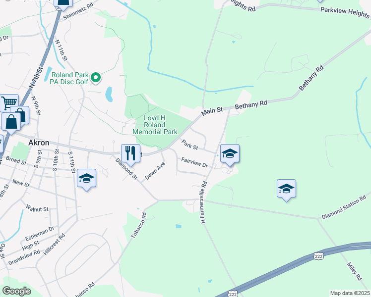 map of restaurants, bars, coffee shops, grocery stores, and more near 14 Park Street in Akron