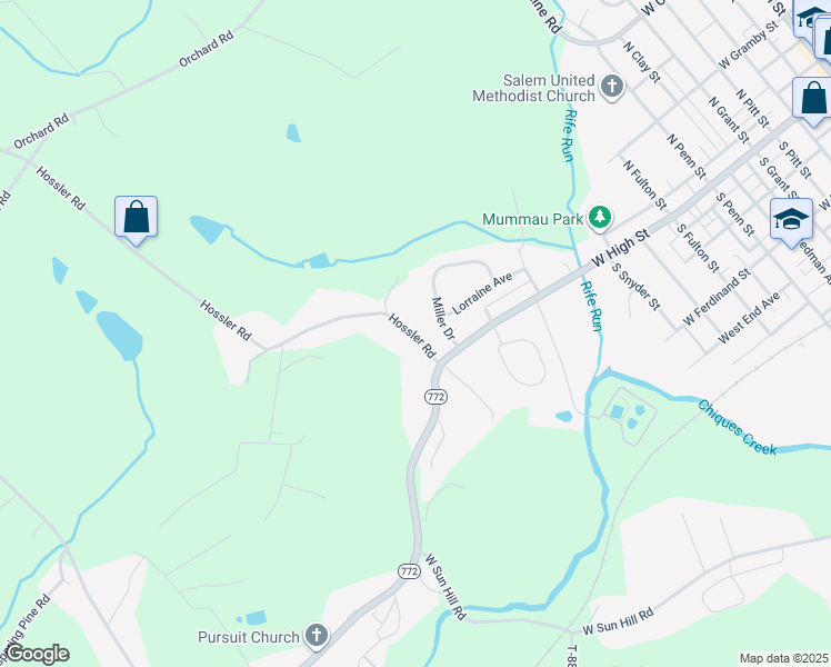 map of restaurants, bars, coffee shops, grocery stores, and more near 9 Hossler Road in Manheim