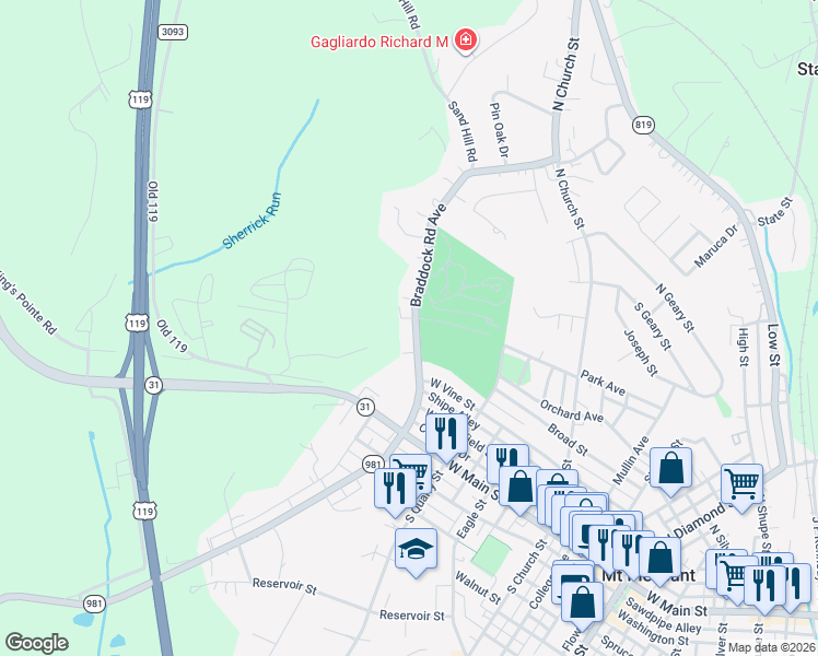 map of restaurants, bars, coffee shops, grocery stores, and more near 119 Braddock Road Avenue in Mount Pleasant