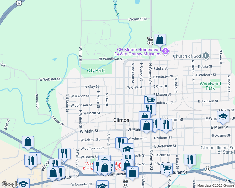 map of restaurants, bars, coffee shops, grocery stores, and more near 502 North Mulberry Street in Clinton