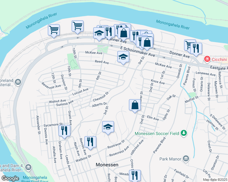 map of restaurants, bars, coffee shops, grocery stores, and more near 412 Chestnut Street in Monessen