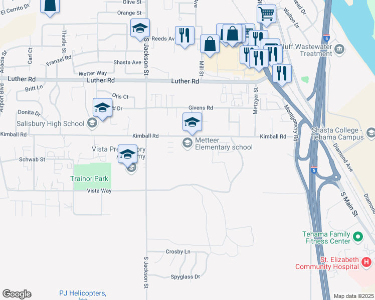 map of restaurants, bars, coffee shops, grocery stores, and more near 695 Kimball Road in Red Bluff