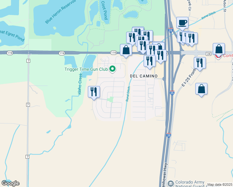 map of restaurants, bars, coffee shops, grocery stores, and more near 10676 Forester Place in Longmont