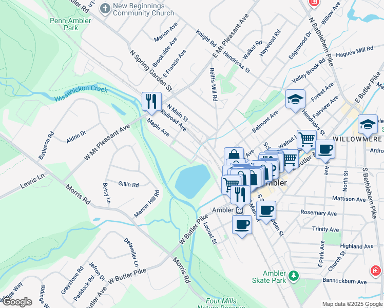 map of restaurants, bars, coffee shops, grocery stores, and more near 228 Maple Avenue in Ambler