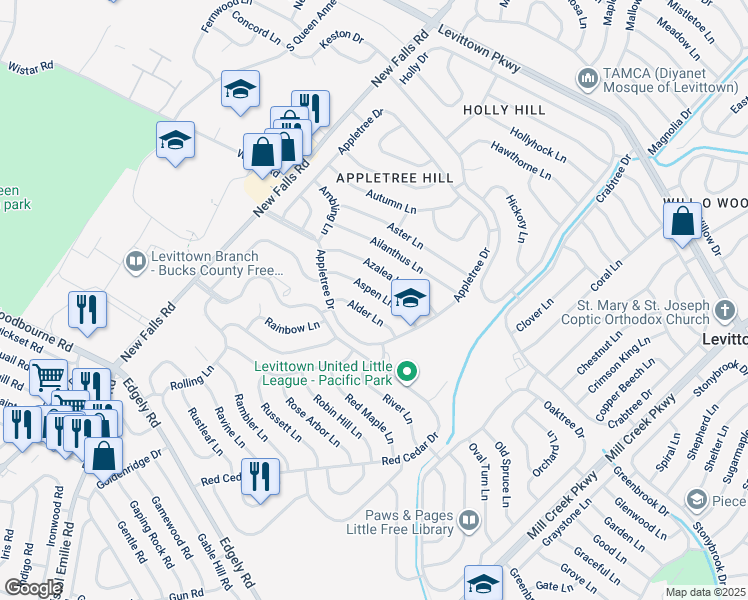 map of restaurants, bars, coffee shops, grocery stores, and more near 31 Aspen Lane in Levittown