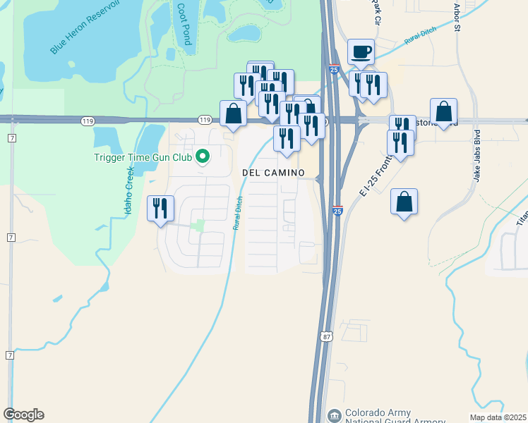 map of restaurants, bars, coffee shops, grocery stores, and more near 10910 Turner Boulevard in Longmont